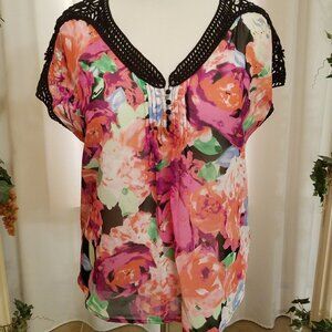 Candies pink and green button top crocheted top